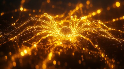 Wall Mural - Golden spider illuminated on a dark background while building an intricate web