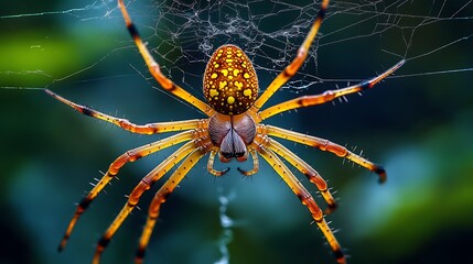 Wall Mural - Detailed closeup of a golden spider weaving a web in a dark atmosphere