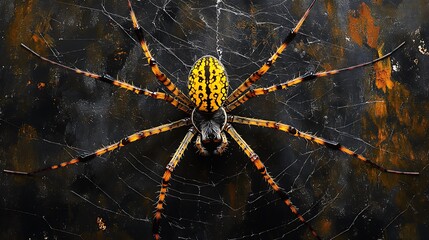Wall Mural - Intricate web spun by a golden spider with vivid details on a dark background