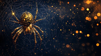 Wall Mural - Intricate web spun by a golden spider with vivid details on a dark background