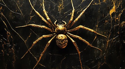 Wall Mural - Stunning golden spider with intricate web details on a jet black canvas