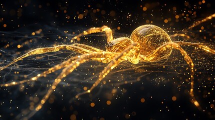 Wall Mural - Black backdrop enhancing the shine of a golden spider and its intricate web