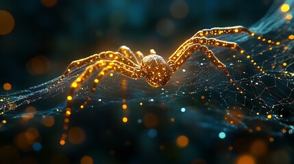 Wall Mural - Closeup of a golden spider weaving a web with precision on a dark background