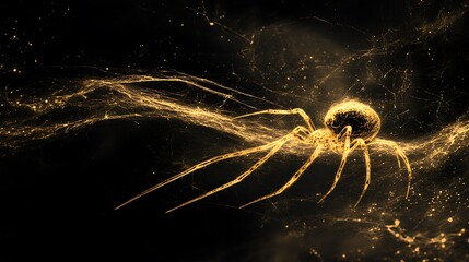 Wall Mural - Hairy golden spider creating a delicate web captured against a black background