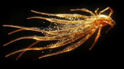 Wall Mural - Hairy golden spider creating a delicate web captured against a black background