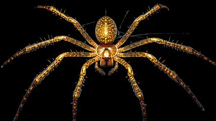 Wall Mural - Elegant golden spider and its web glowing against a contrasting black backdrop