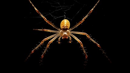 Wall Mural - Detailed golden spider spinning its web on a dark minimalist black background
