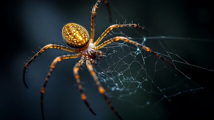 Wall Mural - Detailed golden spider spinning its web on a dark minimalist black background