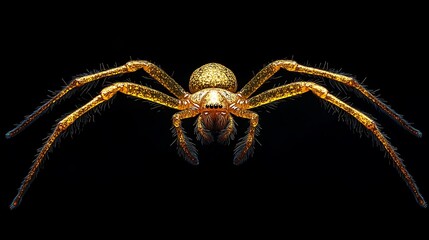 Wall Mural - Detailed golden spider spinning its web on a dark minimalist black background