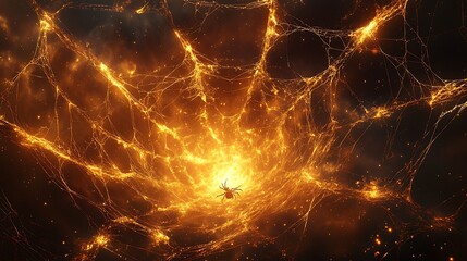 Wall Mural - Golden spider building an intricate web enhanced by a dark atmospheric background