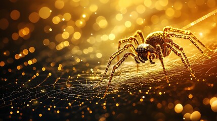 Wall Mural - Black background with a focused golden spider weaving a delicate shiny web