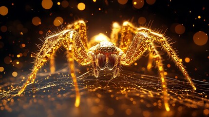 Wall Mural - Glowing golden spider with hairy legs spinning a web on a black canvas