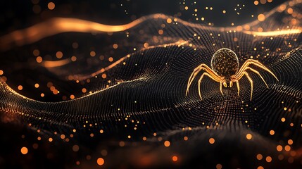 Wall Mural - Dark minimal background emphasizing a golden spider spinning an intricate web