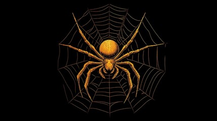 Wall Mural - Dark minimal background emphasizing a golden spider spinning an intricate web