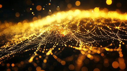 Wall Mural - Detailed shimmering web crafted by a golden spider on a black backdrop