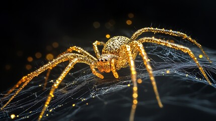 Wall Mural - Black backdrop showcasing the artistry of a golden spider weaving an intricate web