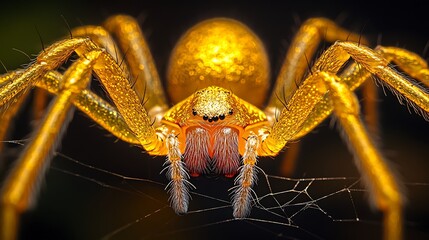 Wall Mural - Golden spider with fine hairy legs spinning a web in an elegant dark setting