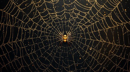 Wall Mural - Minimal black background emphasizing a golden spider's delicate web creation