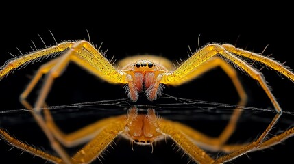 Wall Mural - Hairy golden spider weaving an elegant web captured on a dark black background