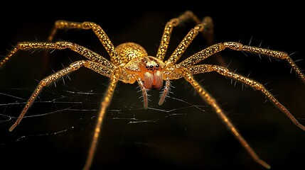 Wall Mural - Hairy golden spider weaving an elegant web captured on a dark black background