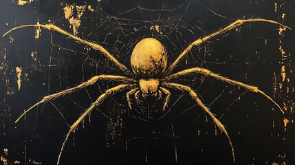 Wall Mural - Highlighted golden spider crafting a web with stunning details on a black canvas
