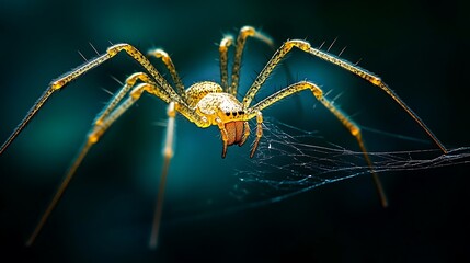 Wall Mural - Dramatic focus on a golden spider spinning a delicate web in a dark environment