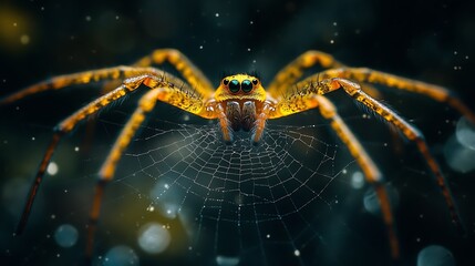 Wall Mural - Dramatic focus on a golden spider spinning a delicate web in a dark environment
