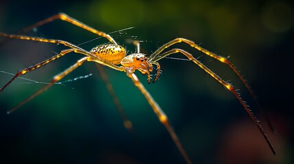 Wall Mural - Dramatic focus on a golden spider spinning a delicate web in a dark environment