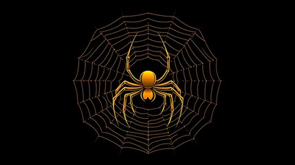 Wall Mural - Minimalist dark background with a golden spider crafting its web of precision