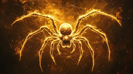 Wall Mural - Glowing golden spider weaving an intricate web set against a dark moody backdrop