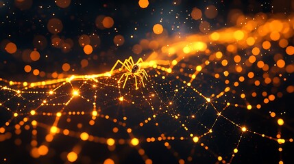 Wall Mural - Glowing golden spider weaving an intricate web set against a dark moody backdrop