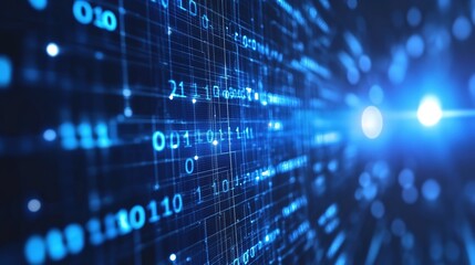 Blue digital binary data on computer screen, 4k image