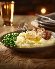 Hearty meal preparation steak with mashed potatoes and peas cozy kitchen culinary art rustic atmosphere close-up view comfort food