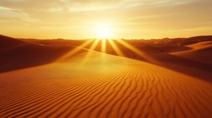 Wall Mural - Breathtaking Sunrise Over Golden Sand Dunes in a Serene Desert Landscape with Soft Rays of Sunlight Illuminating the Horizon and Textured Patterns in the Sand