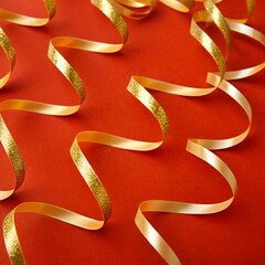 Wall Mural - Festive Christmas template with streamer ribbon, gold foil ribbon, confetti and decor on red background.