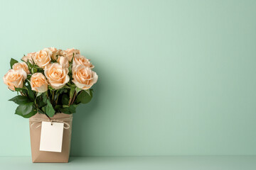 Wall Mural - beautiful bouquet of peach roses in kraft paper vase against pastel green background, perfect for expressing love and appreciation