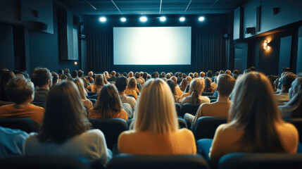 audience in a dimly lit room, attentively observing a presentation displayed on a large screen