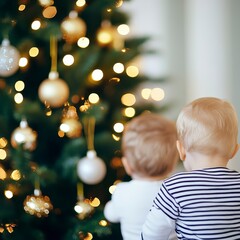 Two toddlers viewing a decorated Christmas tree.