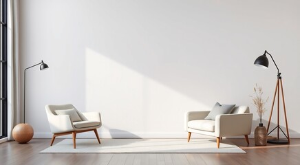 White living room with two chairs, a rug, and floor lamps.