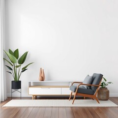 Minimalist living room with a white wall, wooden floor, a gray armchair, a white cabinet, a plant, and two vases.