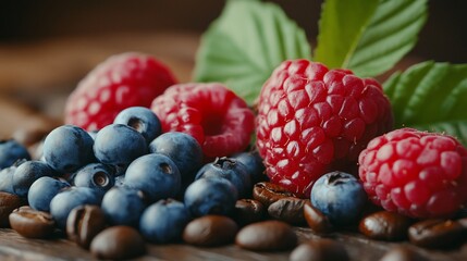 Wall Mural - Close-up of fresh raspberries and blueberries on coffee beans.