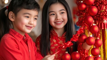 A heartwarming family scene depicts two Asian children joyfully decorating their home with vibrant red ornaments for the upcoming festive season These symbolic red decorations represent prosperity