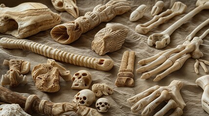 A collection of ancient, carved bone tools and ornaments, each piece showing signs of use and intricate craftsmanship, displayed on a textured cloth. 32k, full ultra hd, high resolution
