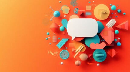 Wall Mural - Abstract colorful shapes surround a blank speech bubble on orange background.