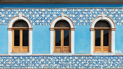 Wall Mural - Colorful Blue Wall with Wooden Windows and Decorative Tiles