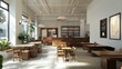 © PRIMPROW - A spacious coffee shop interior with white walls, brown accents, wooden work tables, and a large seating area perfect for productivity