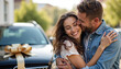 © Ksenia Pestereva - Couple joyfully embracing as they celebrate their new car acquisition, with a beautifully wrapped car in the showroom.