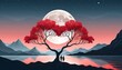 © Red - valentine  twisted wavy red gradient tree branches , fantasy, illustrated, minimalist, simple, grain background, clean, couple illustrated couple under the tree, ocean on the  front,