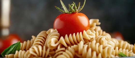 Wall Mural - A delicious serving of fusilli pasta topped with a fresh tomato and basil, creating a vibrant and appetizing dish.