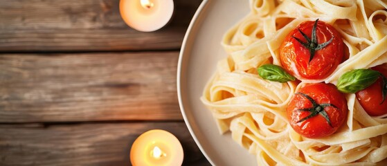 Wall Mural - A plate of fettuccine topped with fresh tomatoes and basil, set on a wooden table with soft candlelight creating a warm ambiance.